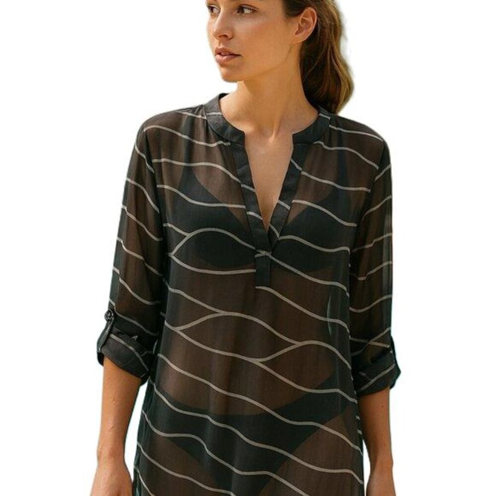 Chico's Semi Sheer Striped Blouse Cover Up Mandarin Collar Black White Small 4-6